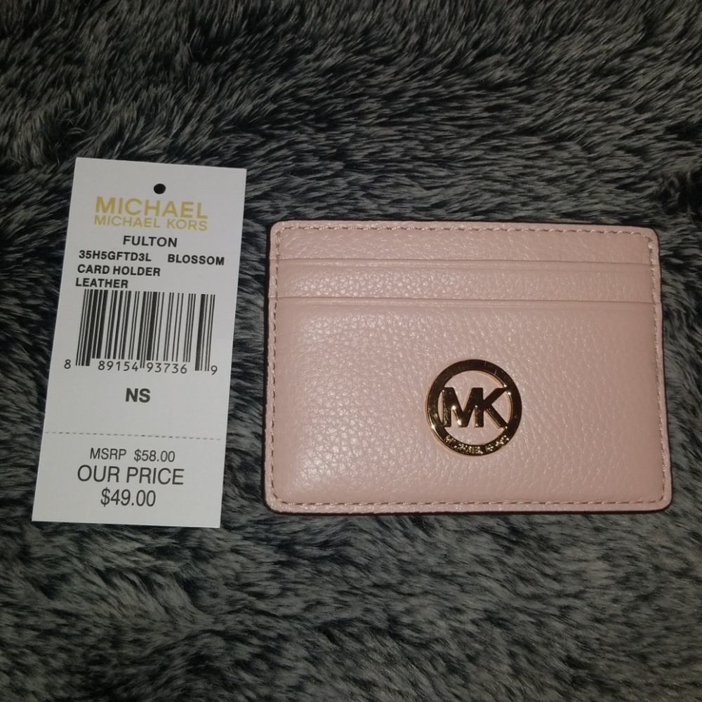 Michael Kors Blossom Pink Leather Card Case with Gold MK Emblem